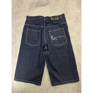 Vintage 90s Karl‎ Kani Blue Denim Jorts Spellout Shorts Size 36 Hip Hop Tupac